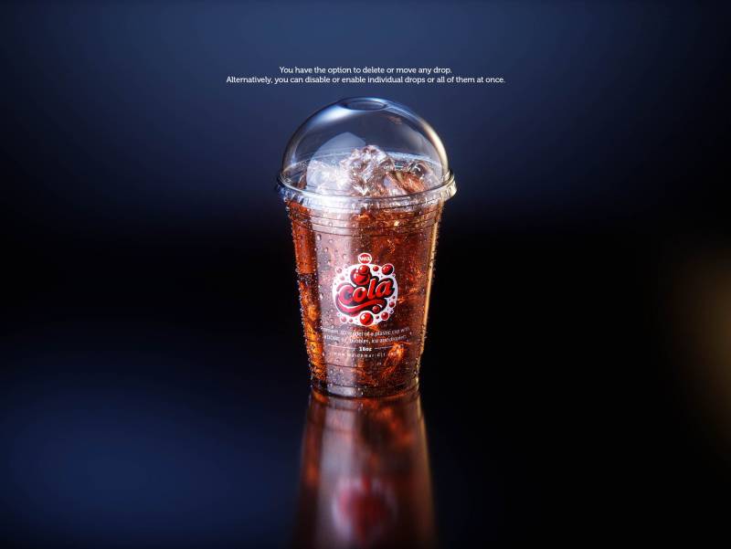 Premium 3D Model of a Cola Plastic Cup 16oz with DOME lid, Filled with Ice Cubes, Covered in Water Condensation, and Containing Bubbles in the Liquid