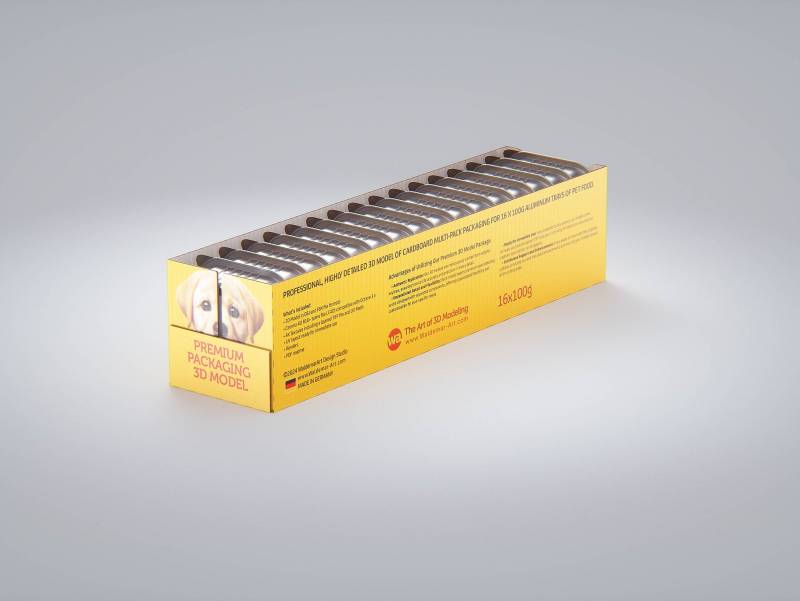 Cardboard multi-pack packaging for 16x100g aluminum trays of pet food premium 3d model