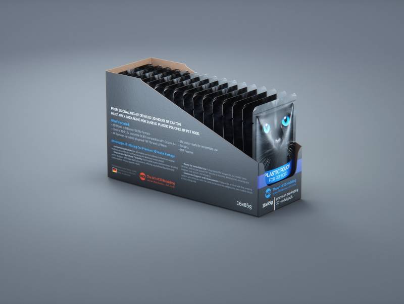 Premium 3D model of carton multi-pack packaging for 16x85g plastic pouches of pet food