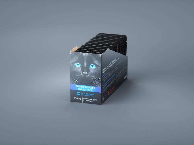 Premium 3D model of carton multi-pack packaging for 16x85g plastic pouches of pet food