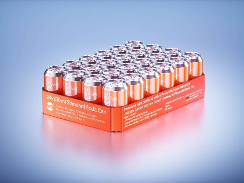 Multi-pack of 24x330ml Standard Beer/Soda Cans packed in cardboard and wrapped in shrink film premium packaging 3d model