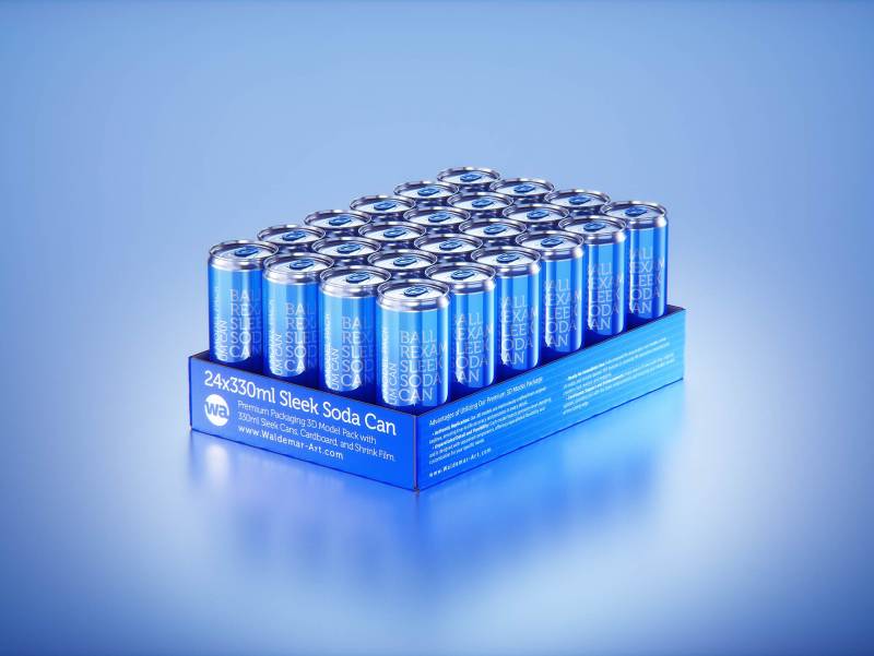 Multipack of 24x330ml Sleek Soda Cans packed in cardboard and wrapped in shrink film premium 3d model