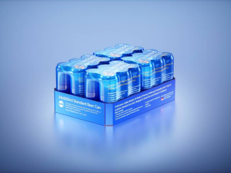 Premium Multi-pack Packaging 3D model with 4 Sets of 6x500ml Standard Cans Each, Wrapped in Shrink Film and Packed in Cardboard