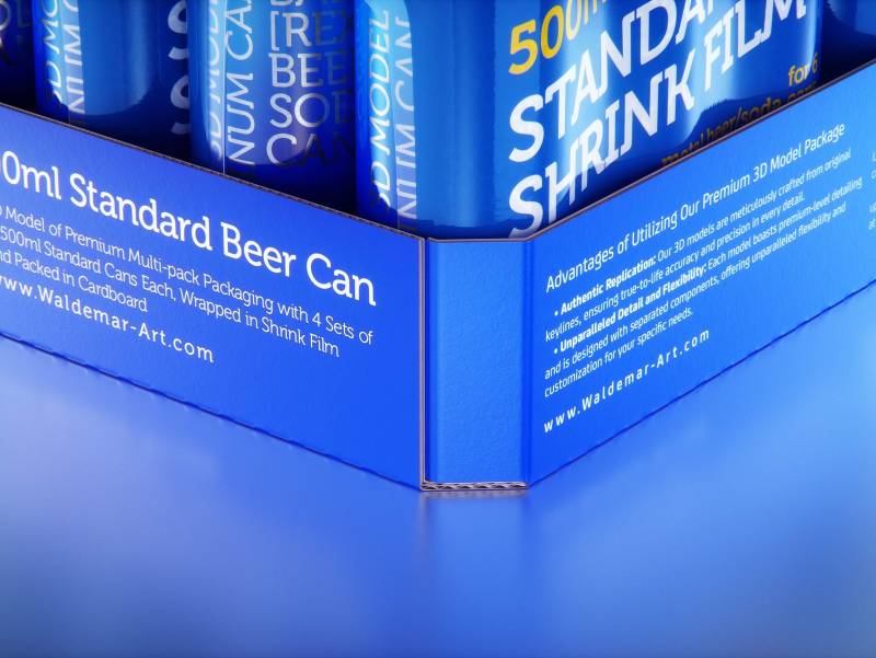 Premium Multi-pack Packaging 3D model with 4 Sets of 6x500ml Standard Cans Each, Wrapped in Shrink Film and Packed in Cardboard