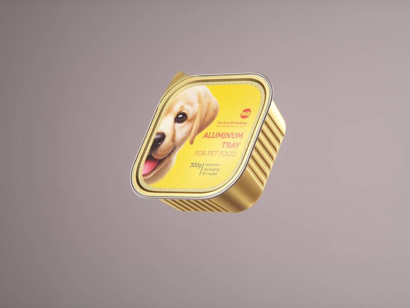 Premium packaging 3D model of a 300g aluminum tray of pet food