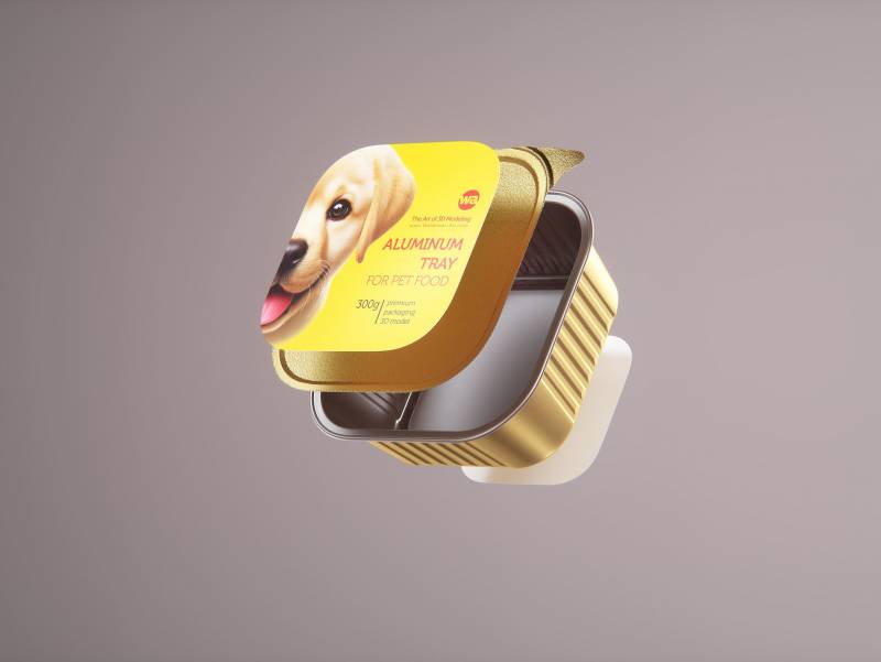 Premium packaging 3D model of a 300g aluminum tray of pet food