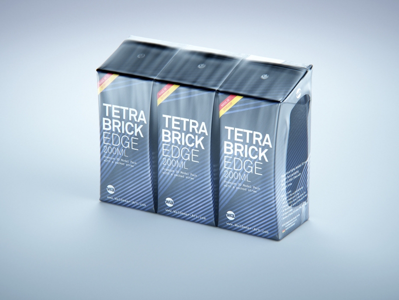 Premium 3D Model of 3x200ml Tetra Brik Edge Cartons in Shrink Film Wrap