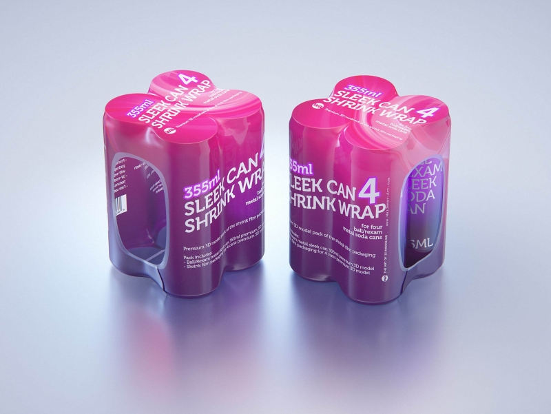 Premium packaging 3D Model of 4x350ml/355ml Sleek Soda Cans in Shrink Film Wrap