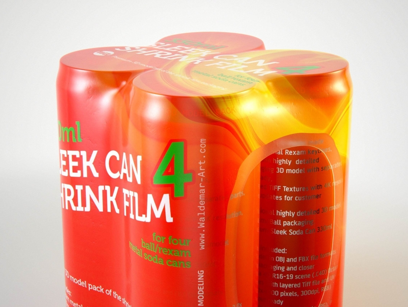 Premium packaging 3D Model of 4x330ml Sleek Soda Cans in Smooth Shrink Film Wrap