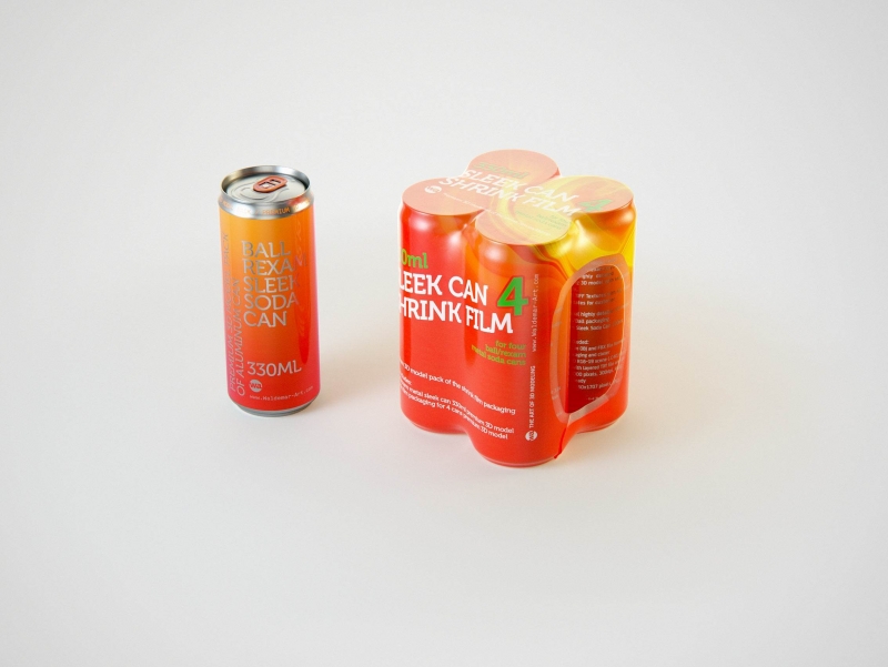 Premium packaging 3D Model of 4x330ml Sleek Soda Cans in Smooth Shrink Film Wrap