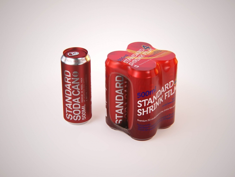 Premium packaging 3D Model of 4x500ml Standard Beer/Soda Cans in Shrink Film Wrap