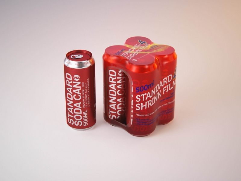 Premium packaging 3D Model of 4x500ml Standard Beer/Soda Cans in Smooth Shrink Film Wrap