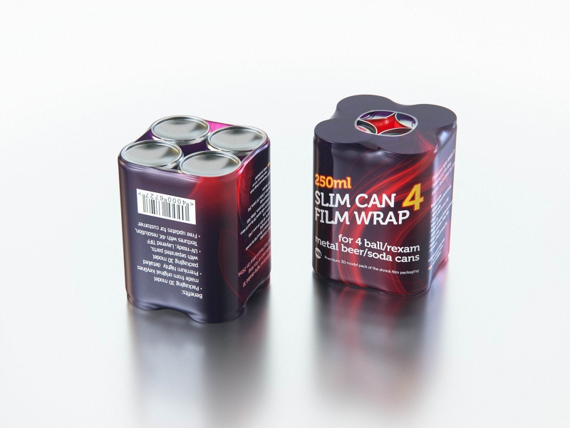 Premium 3D Model of 4x250ml Slim Soda Cans in Shrink Film Wrap