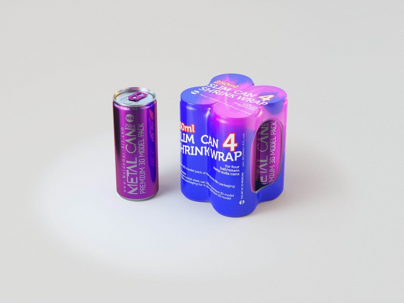 Premium Packaging 3D Model of 4x250ml Slim Soda Cans in Shrink Film Wrap