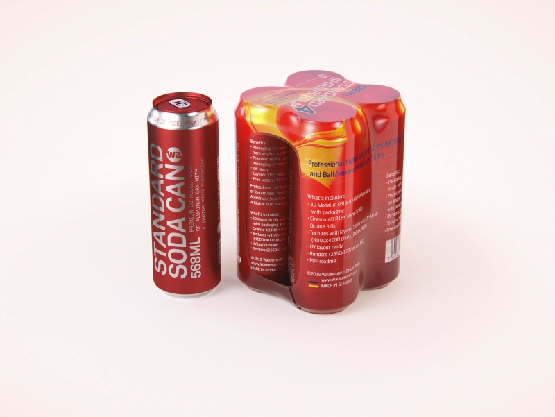 Premium packaging 3D Model of 4x568ml Standard Beer/Soda Cans in Shrink Film Wrap