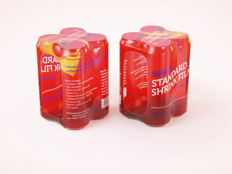 Premium packaging 3D Model of 4x568ml Standard Beer/Soda Cans in Shrink Film Wrap