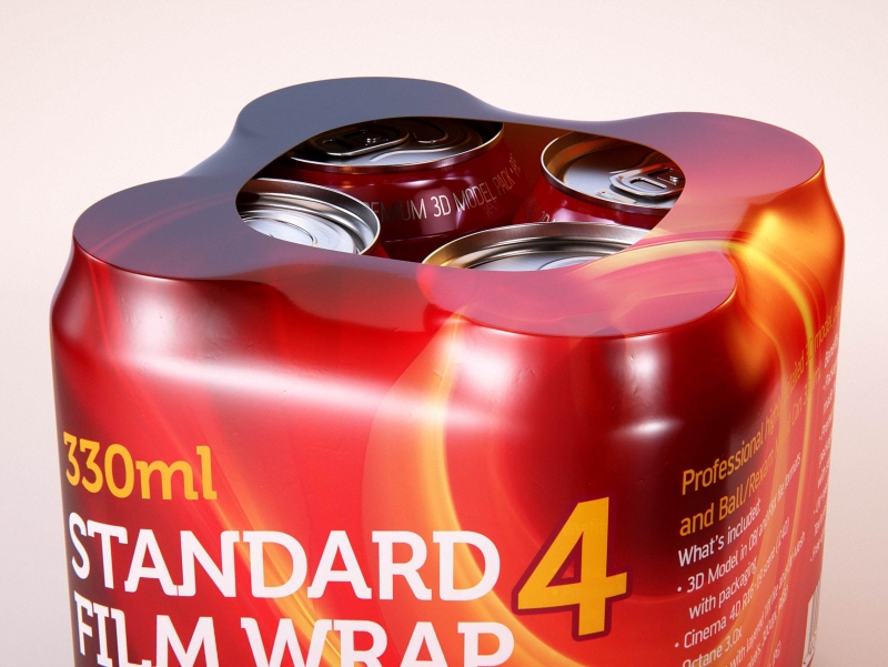 Premium packaging 3D Model of 4x330ml Standard Beer/Soda Cans in Shrink Film Wrap