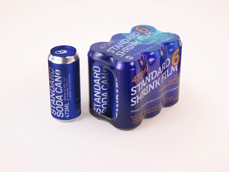 Premium packaging 3D Model of 6x473ml Standard Soda Cans in Shrink Film Wrap