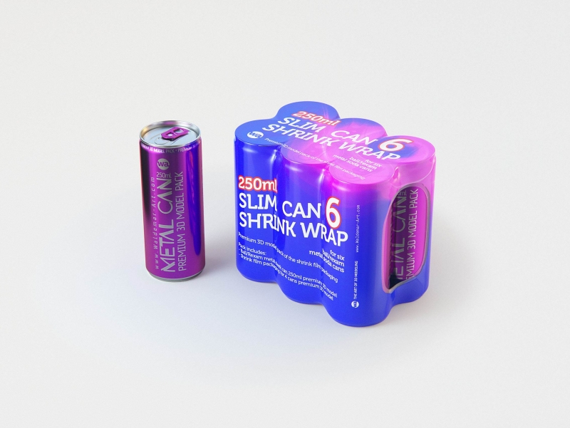 Premium 3D Model of 6x250ml Slim Soda Cans in Shrink Film Wrap