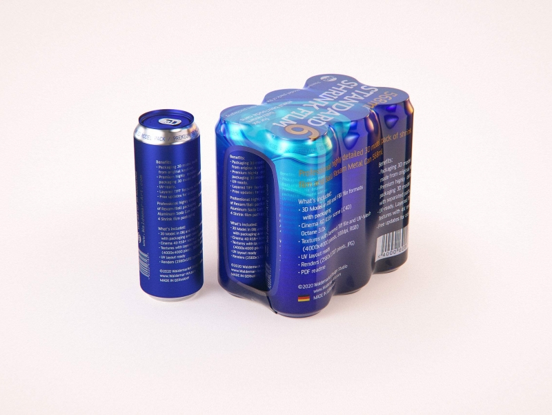 Premium packaging 3D Model of 6x568ml Standard Beer/Soda Cans in Shrink Film Wrap