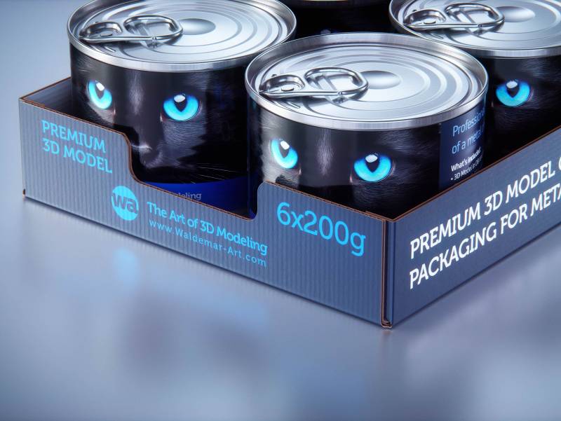 Premium 3D model of cardboard multi-pack packaging for 6x200g metal cans of pet food