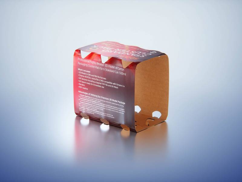 Premium Packaging 3D Model of Carton Cluster-Pack  for 6x500ml Standard Soda/Beer Can