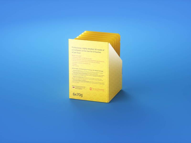 Premium 3D model of carton multi-pack packaging for 6x70g plastic pouches of pet food