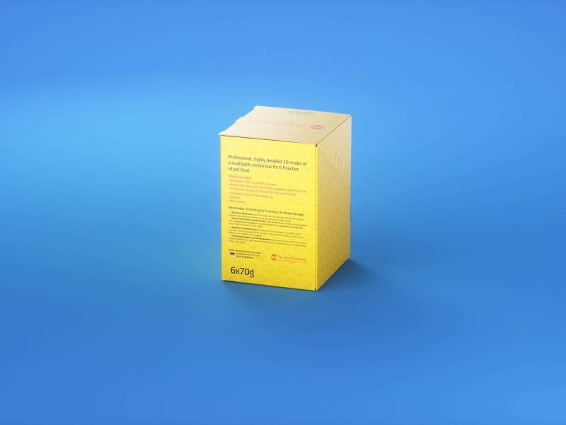 Premium 3D model of carton multi-pack packaging for 6x70g plastic pouches of pet food