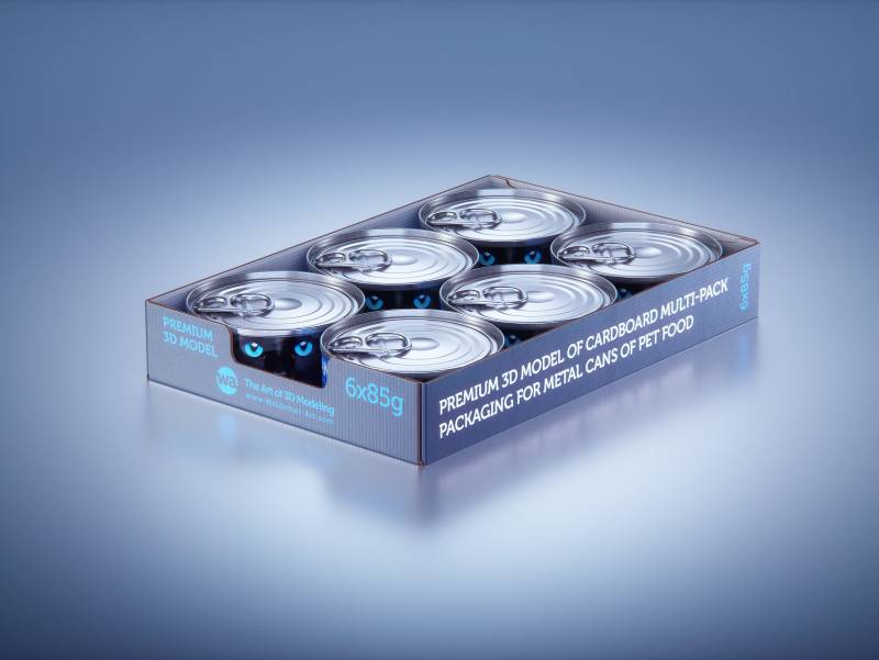 Premium 3D model of cardboard multi-pack packaging for 6x85g metal cans of pet food