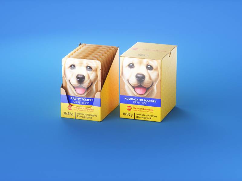 Premium 3D model of carton multi-pack packaging for 8x85g plastic pouches of pet food