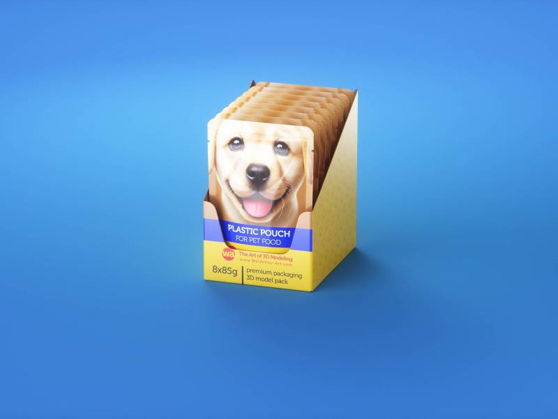 Premium 3D model of carton multi-pack packaging for 8x85g plastic pouches of pet food