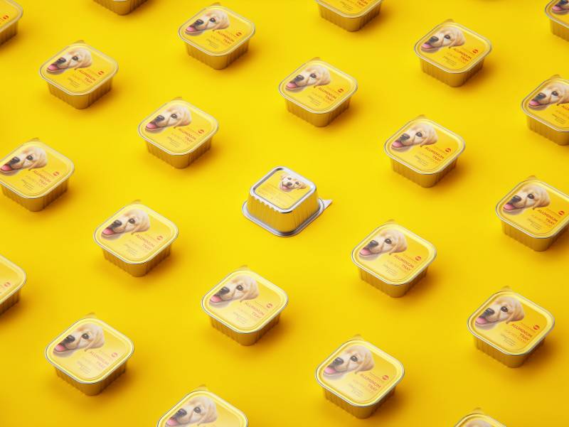 Premium packaging 3D model of a 150g aluminum tray of pet food