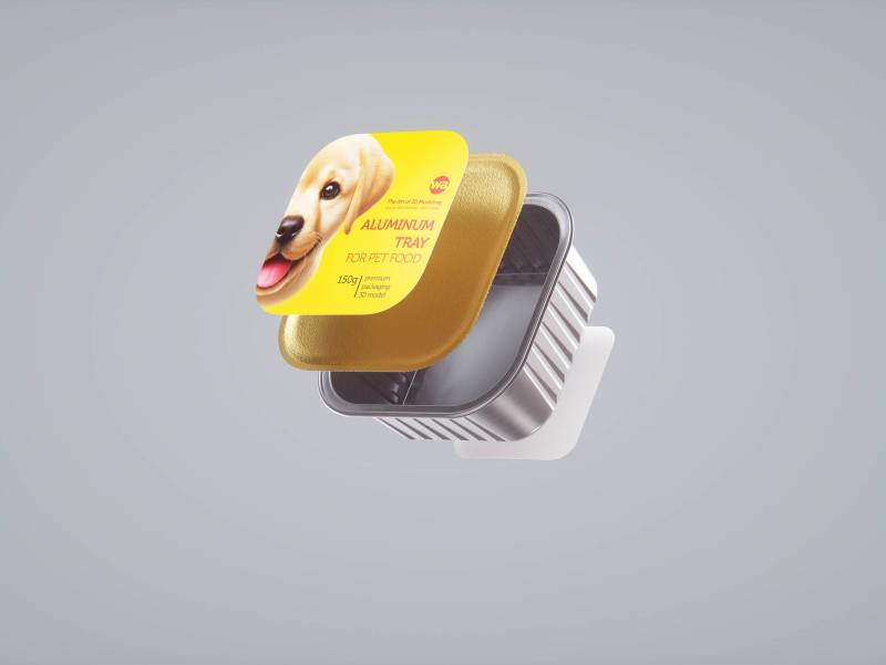 Premium packaging 3D model of a 150g aluminum tray of pet food
