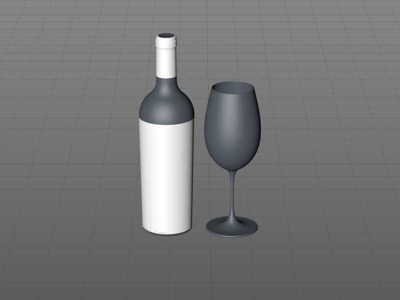 3D model of the Merlot Wine Standard Bottle 750ml with cork and glass of wine