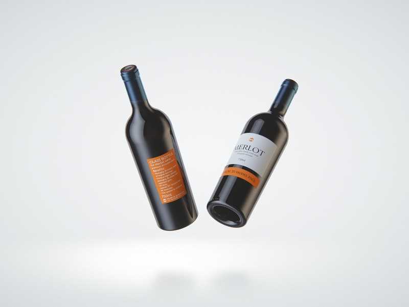 3D model of the Merlot Wine Standard Bottle 750ml with cork and glass of wine