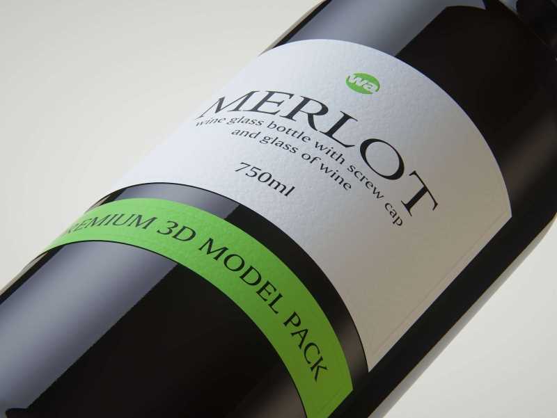 3D model of the Merlot Wine Standard Bottle 750ml with screw cap and glass of wine