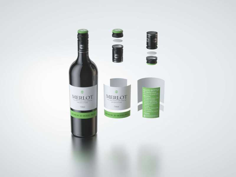 3D model of the Merlot Wine Standard Bottle 750ml with screw cap and glass of wine
