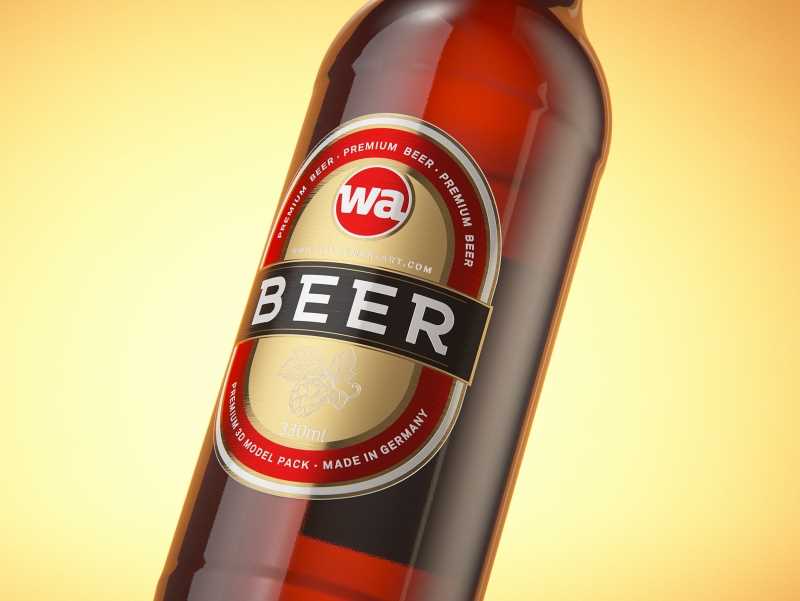 Packaging 3D model of a Beer Brown Glass Bottle 330ml with Crown cork, label and foil