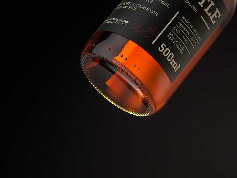 STEINIE Beer Glass Bottle 500ml 3d model with crown cork and labels