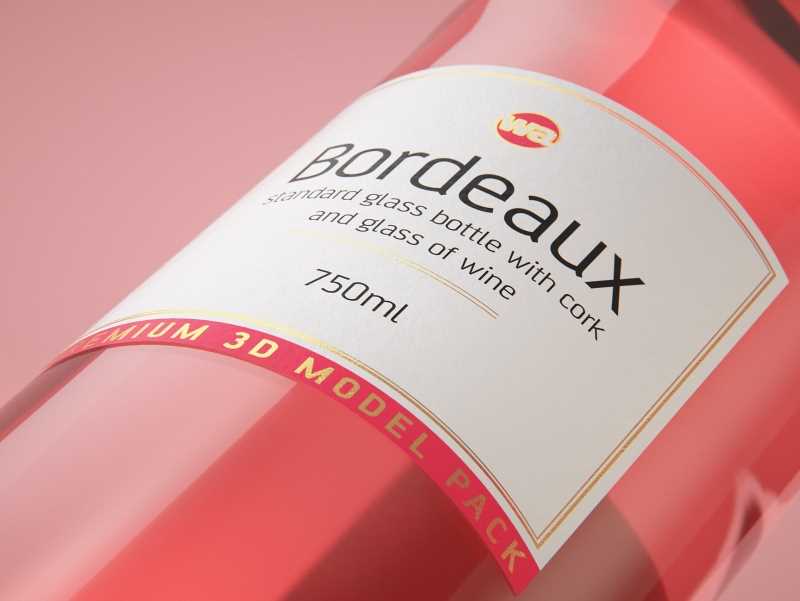 3D model of the Bordeaux Wine Standard Bottle 750ml with cork and glass of wine