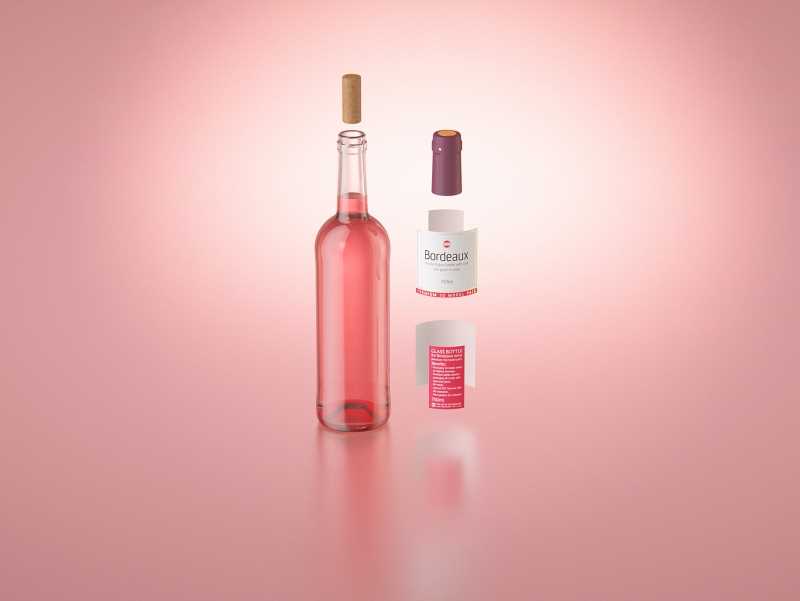 3D model of the Bordeaux Wine Standard Bottle 750ml with cork and glass of wine
