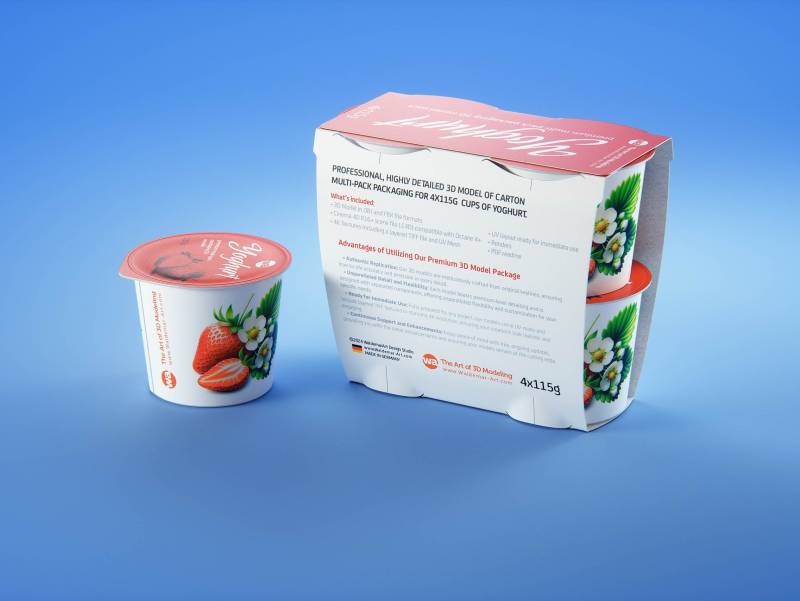 Carton multi-pack packaging for 4x115g plastic cups of yoghurt - premium 3D model