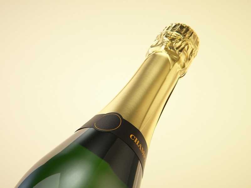 Champagne glass bottle 750ml 3d model for sparkling wine, with foil, labels, plastic cork and glass of wine