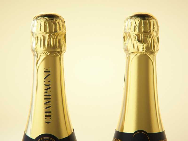 Champagne glass bottle 750ml 3d model for sparkling wine, with foil, labels, plastic cork and glass of wine