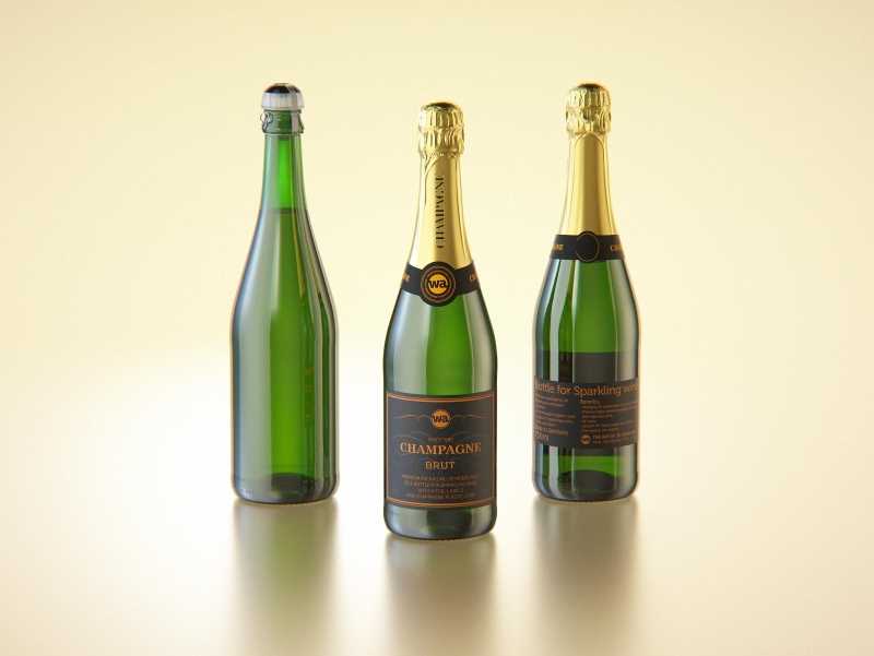 Champagne glass bottle 750ml 3d model for sparkling wine, with foil, labels, plastic cork and glass of wine