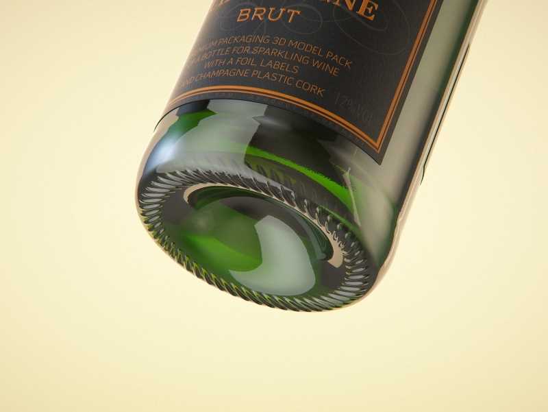 Champagne glass bottle 750ml 3d model for sparkling wine, with foil, labels, plastic cork and glass of wine