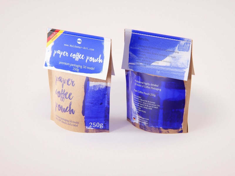 Coffee Paper Pouch 250g with stitches and a label premium packaging 3d model