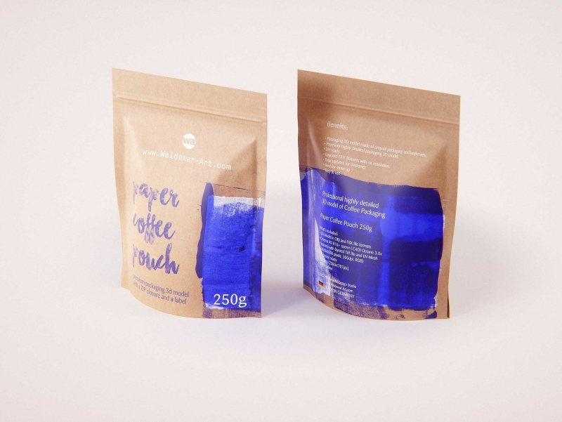 Coffee Paper Pouch 250g with stitches and a label premium packaging 3d model