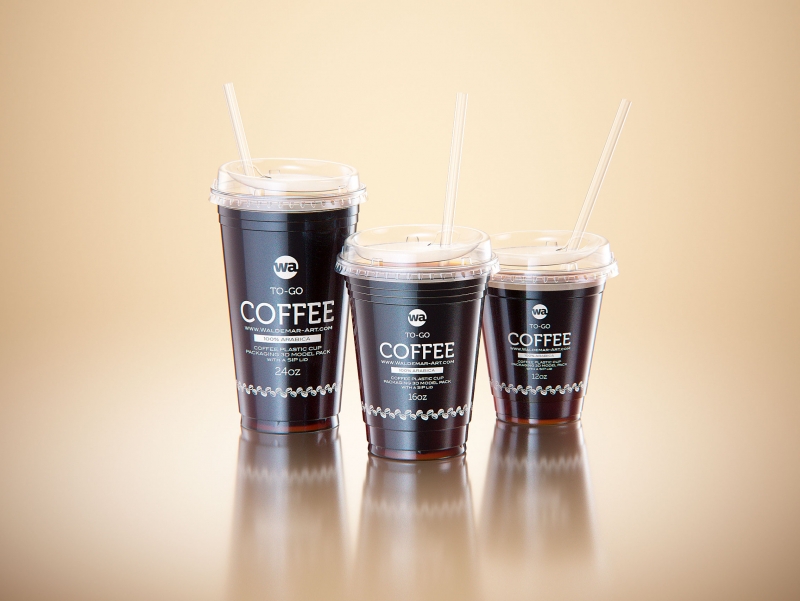 Cold Coffee To-Go - Plastic Cups with SIP lids 3D model pack (24oz, 16oz, 12oz)