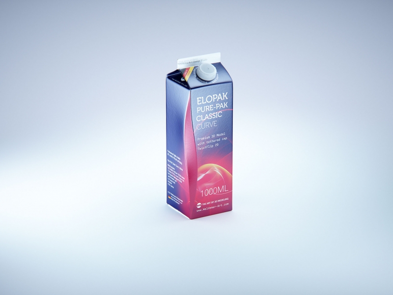 Premium carton packaging 3D model of Elopak Pure-Pak Classic Curve 1000ml with tethered cap TwistFlip 29